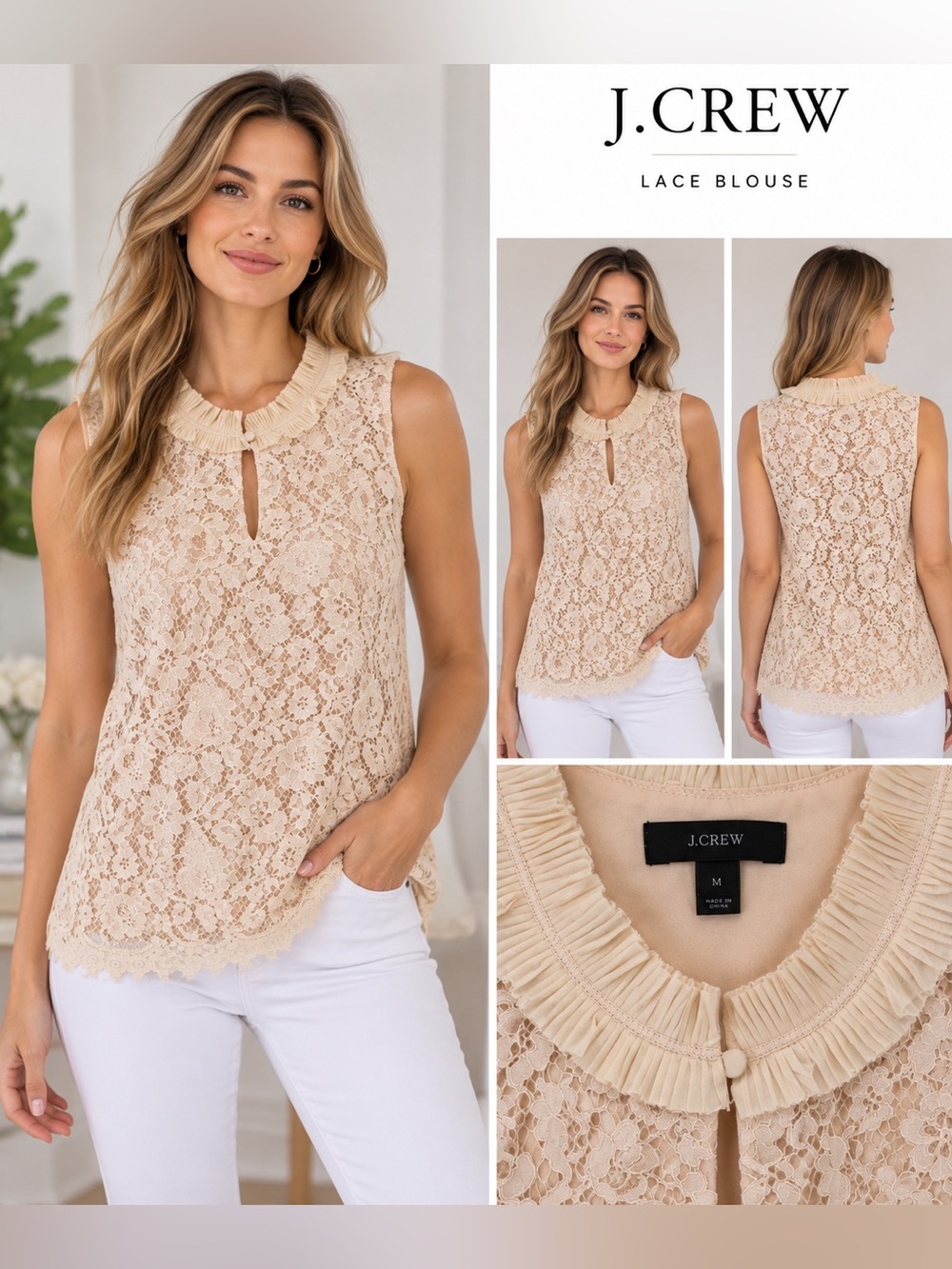J.Crew Lace Overlay Sleeveless Ruffle Collar Blouse Cream Beige Size Medium